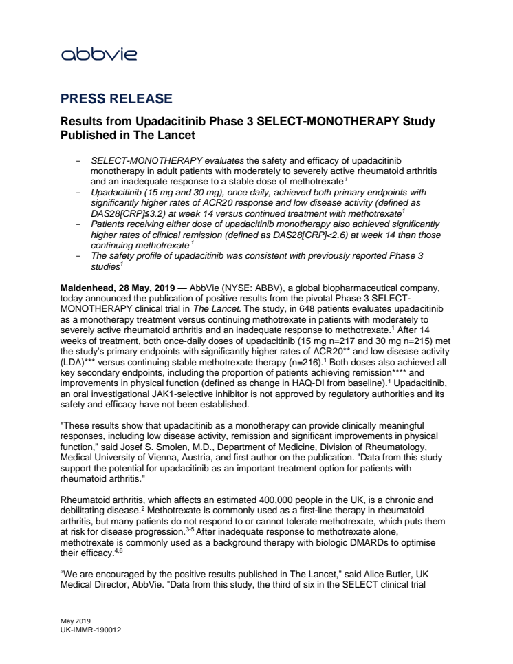 Results from Upadacitinib Phase 3 SELECT-MONOTHERAPY Study Published in The Lancet 