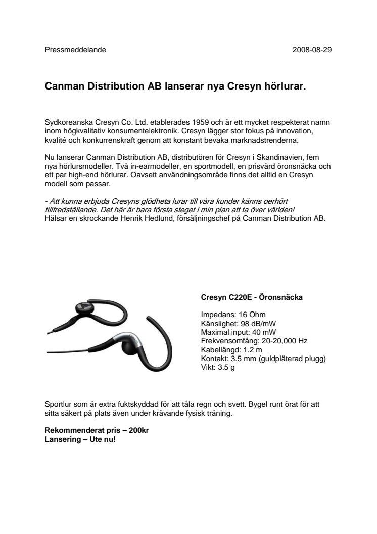Canman Distribution AB lanserar nya Cresyn hörlurar