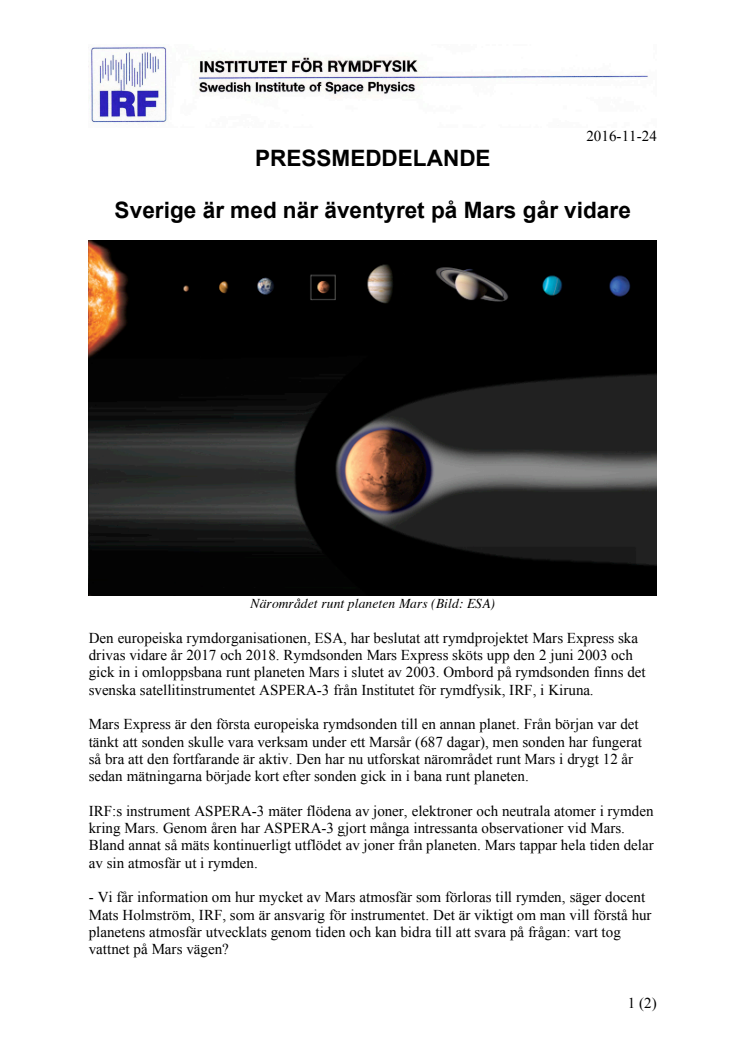 Sverige är med när äventyret på Mars går vidare