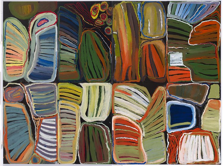 Jan (Djan Nanundie) Billycan, All the Jila, 2006. Natural earth pigments and oil on canvas. National Gallery of Australia, Canberra.