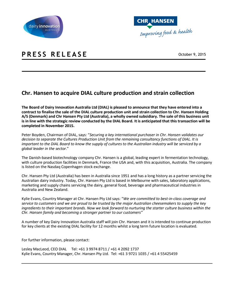 Chr. Hansen to acquire DIAL culture production and strain collection