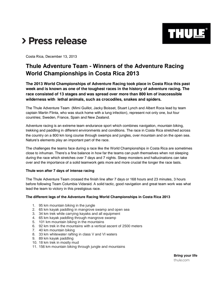 Thule Adventure Team - Winners of the Adventure Racing World Championships in Costa Rica 2013 