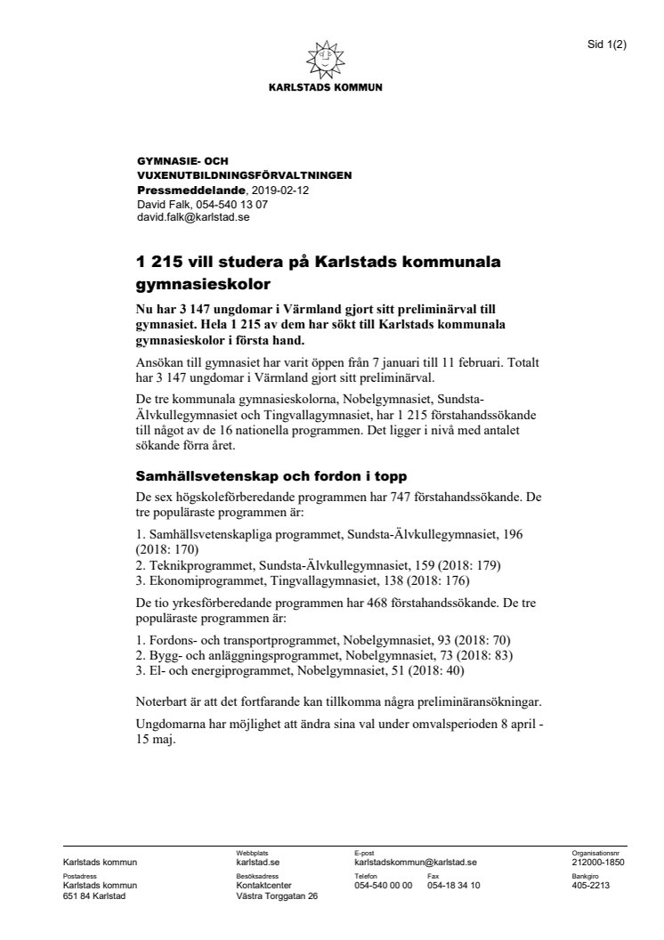 1 215 vill studera på Karlstads kommunala gymnasieskolor