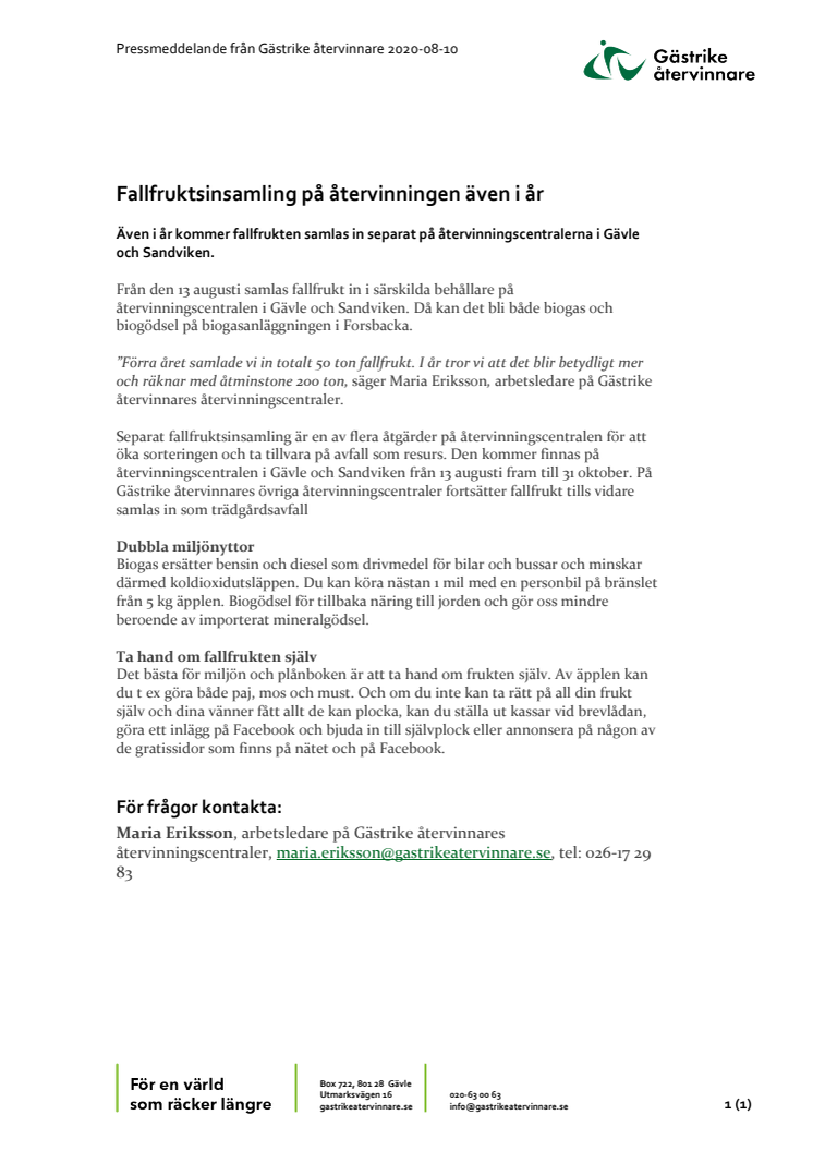 Fallfruktsinsamling på återvinningen även i år