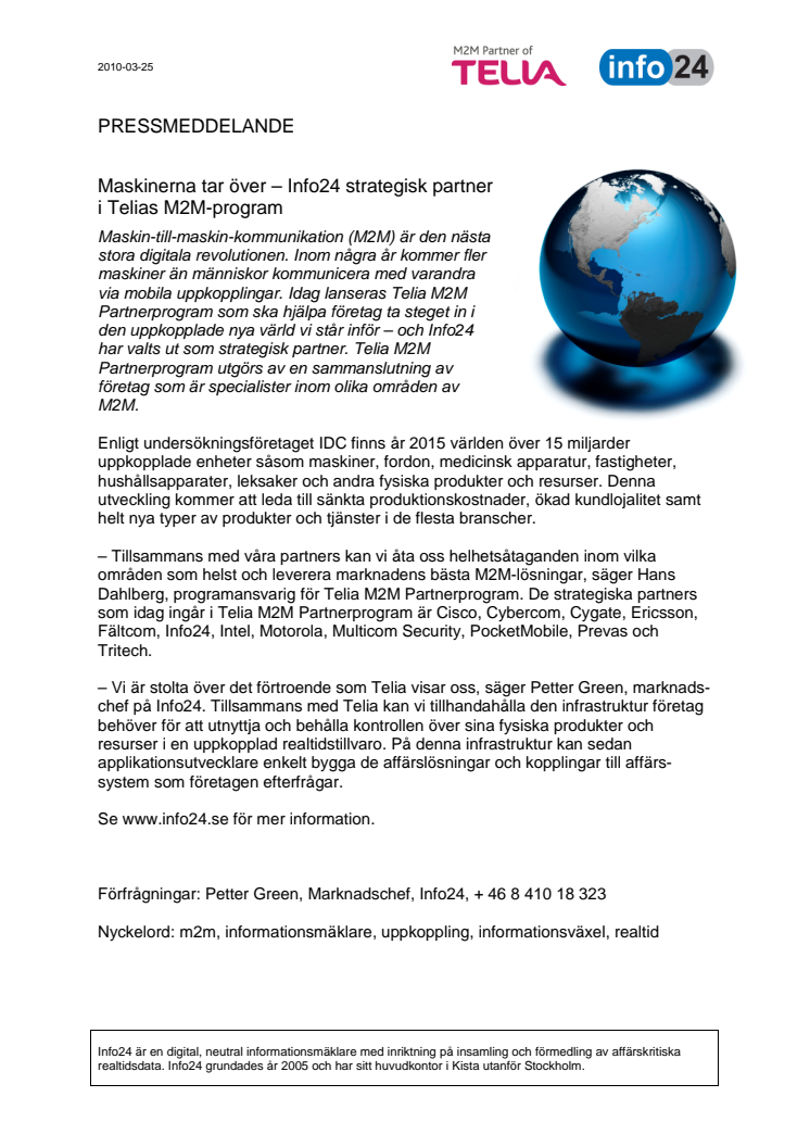 Maskinerna tar över – Info24 strategisk partner i Telias M2M-program
