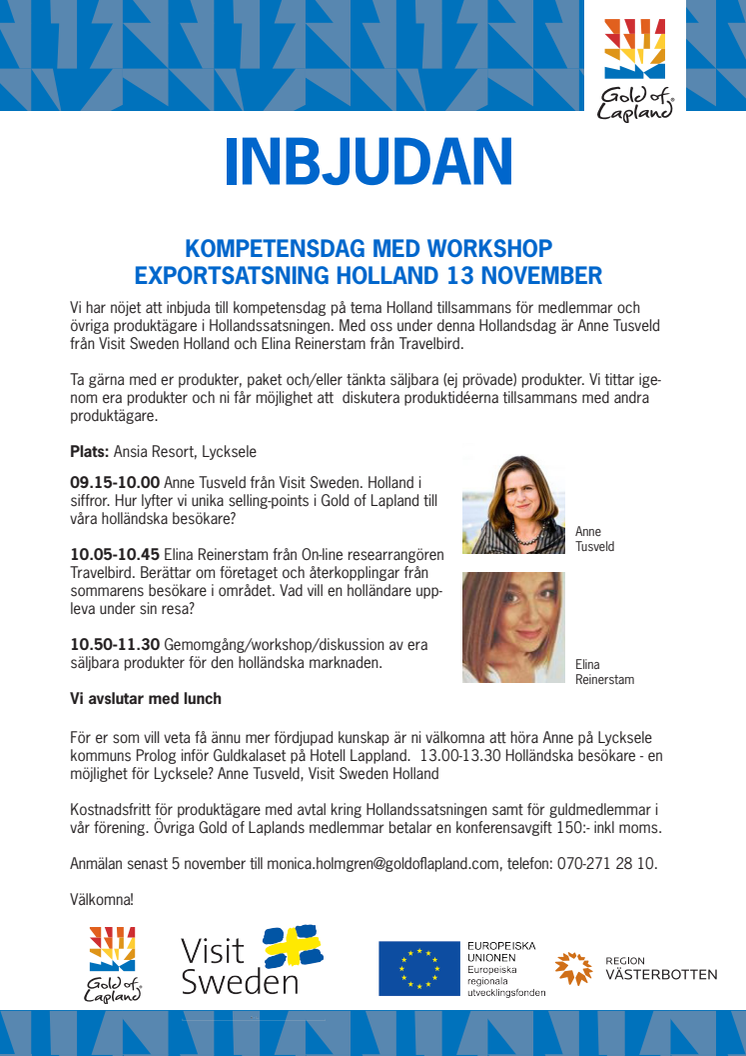 INBJUDAN KOMPETENSDAG MED WORKSHOP EXPORTSATSNING HOLLAND 13 NOVEMBER