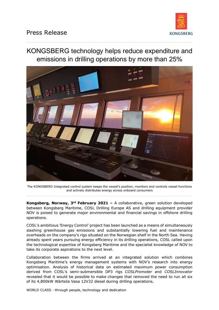 KONGSBERG technology helps reduce expenditure and emissions in drilling operations by more than 25%