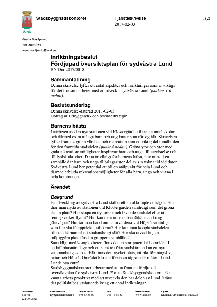 Tjänsteskrivelse Inriktningsbeslut för sydvästra Lund, 170216