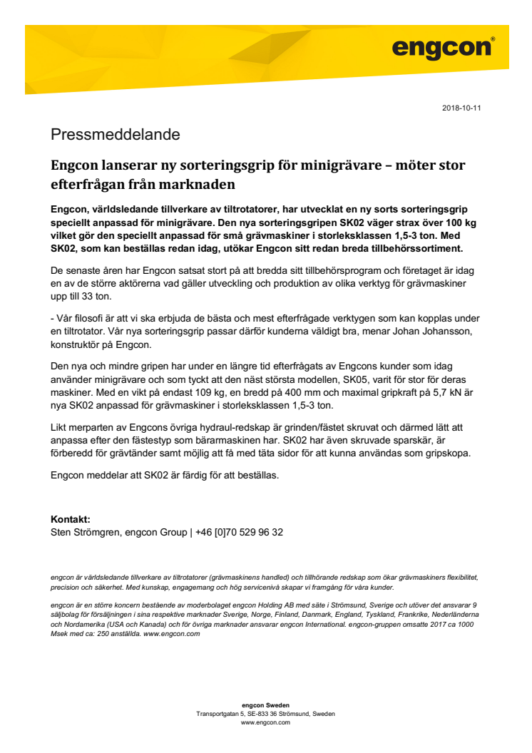 Engcon lanserar ny sorteringsgrip för minigrävare – möter stor efterfrågan från marknaden