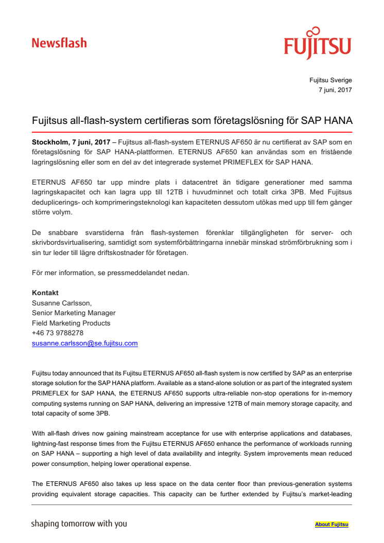 Fujitsus all-flash-system certifieras som företagslösning för SAP HANA 