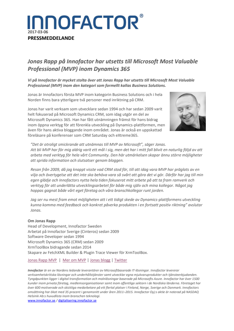 Jonas Rapp på Innofactor har utsetts till Microsoft Most Valuable Professional (MVP) inom Dynamics 365   