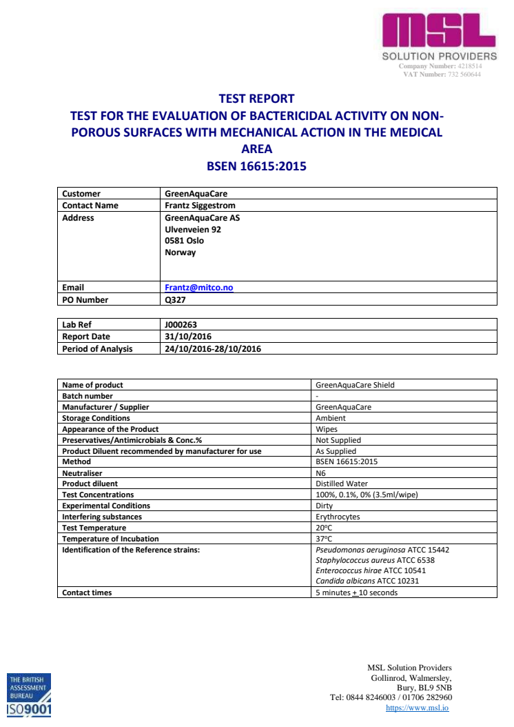 Testrapport Microbiological Solutions LTD: BS EN 16615:2015