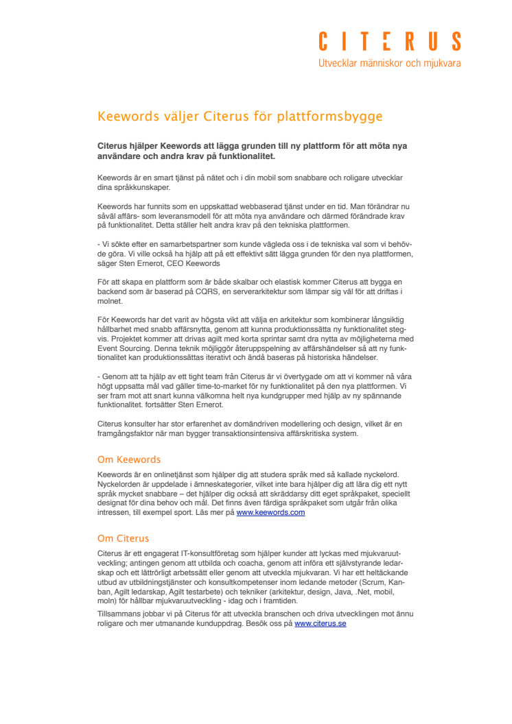 Keewords väljer Citerus för plattformsbygge