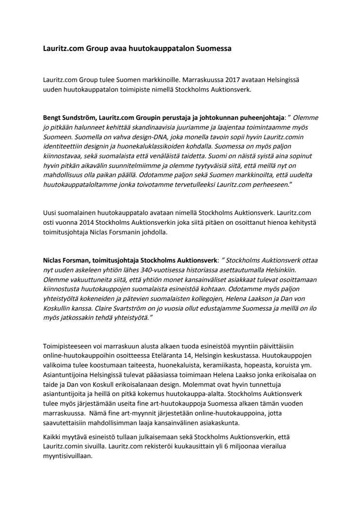Lauritz.com Group avaa huutokauppatalon Suomessa