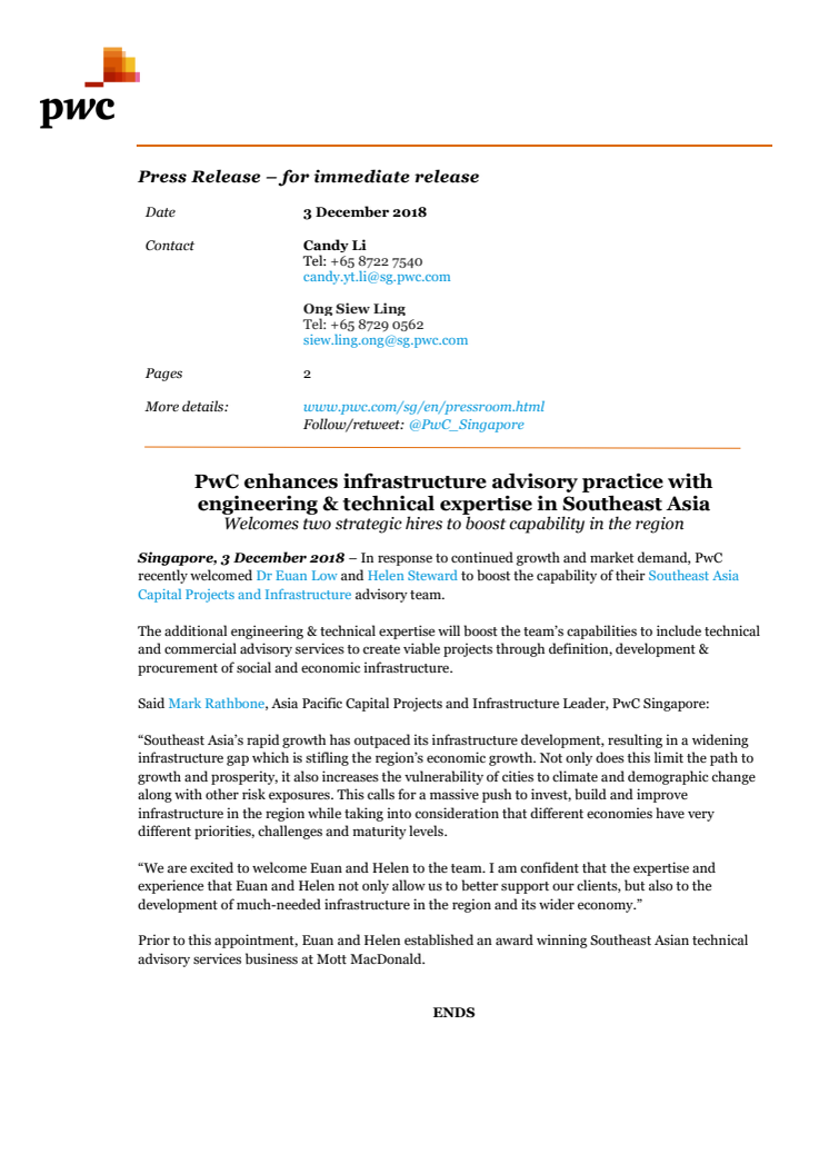 PwC enhances infrastructure advisory practice with engineering & technical expertise in Southeast Asia