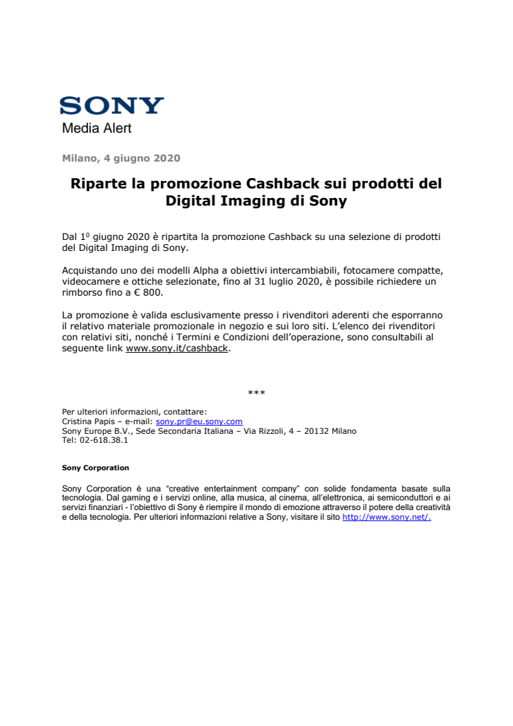 Riparte la promozione Cashback sui prodotti del Digital Imaging di Sony
