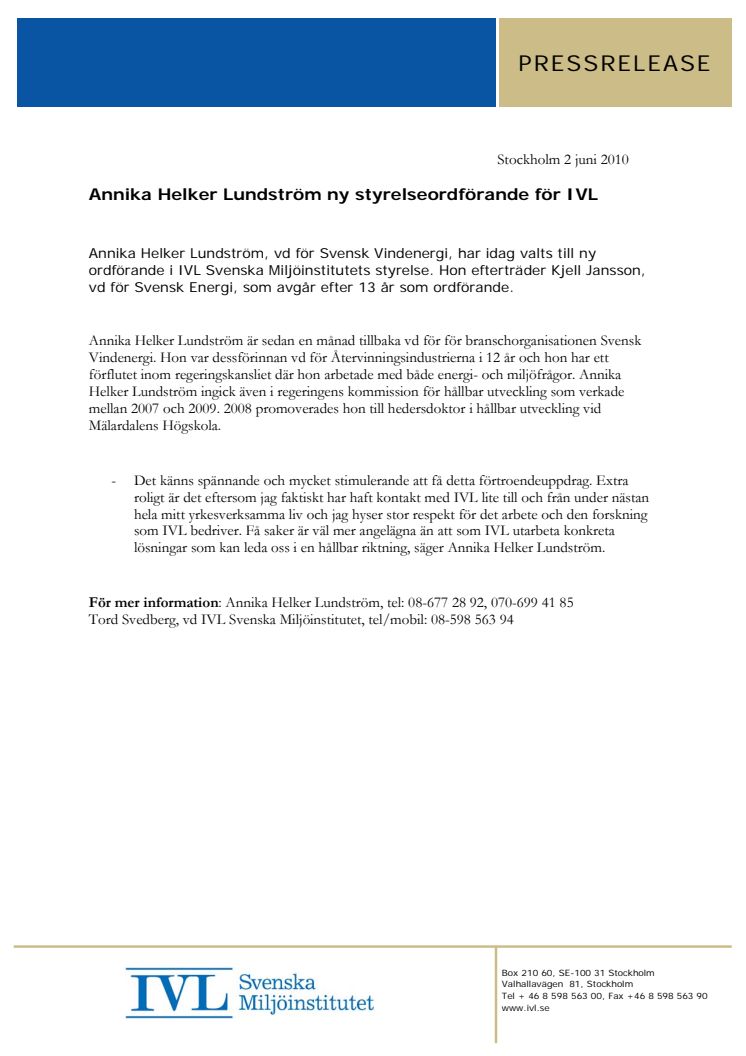 Annika Helker Lundström ny styrelseordförande för IVL