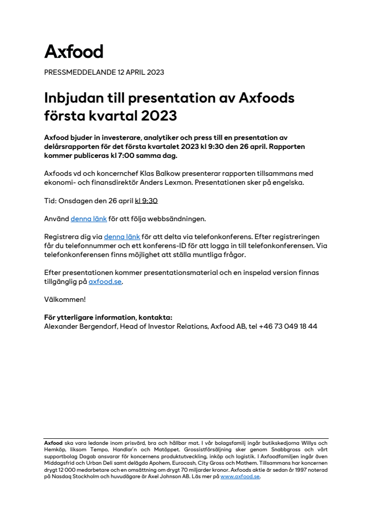 Inbjudan till presentation av Axfoods första kvartal 2023.pdf