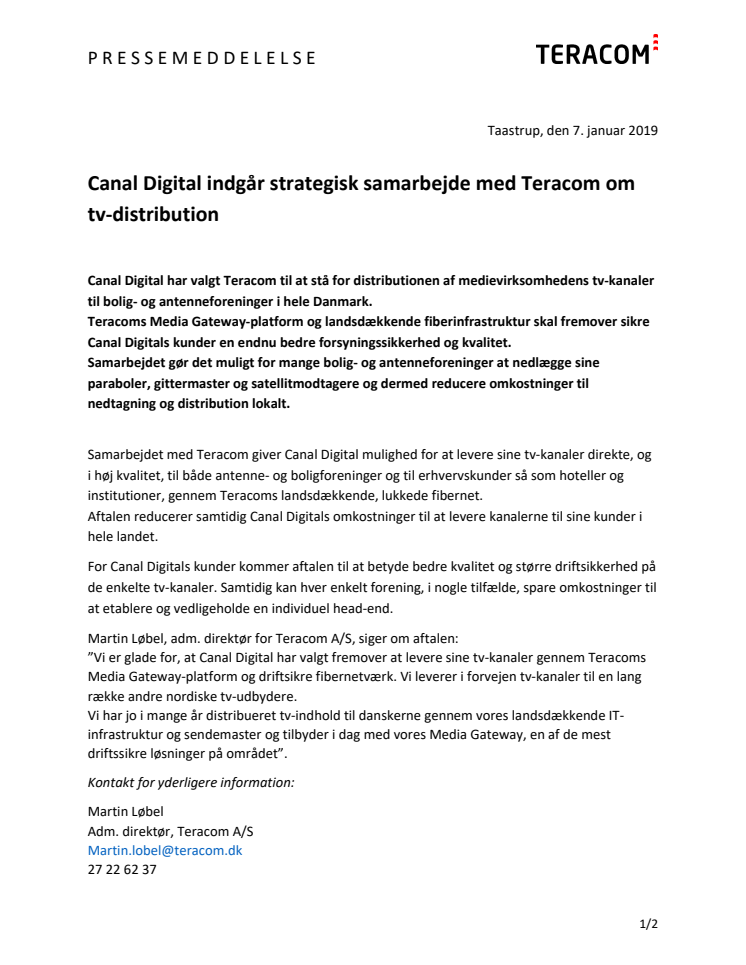 Teracom skal distribuere tv-kanaler for Canal Digital