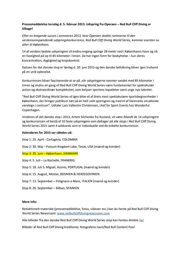 Pressemeddelelse torsdag d. 5. februar 2015: Udspring fra Operaen – Red Bull Cliff Diving er tilbage!
