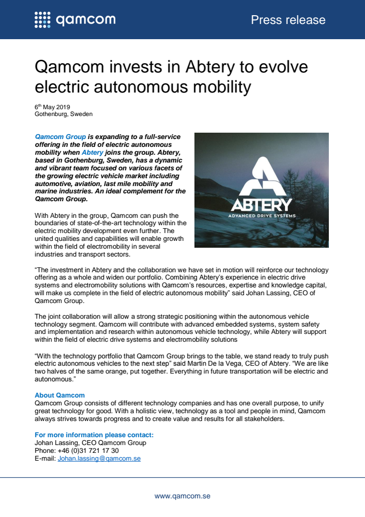 Qamcom invests in Abtery to evolve electric autonomous mobility