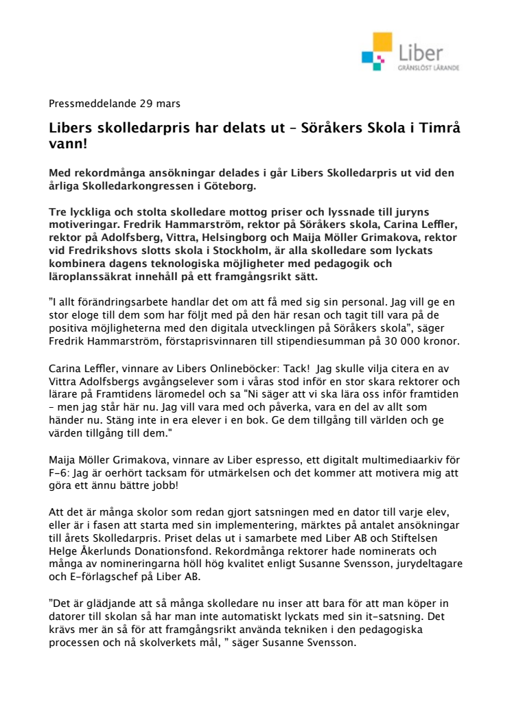 Libers skolledarpris har delats ut – Söråkers Skola i Timrå vann!