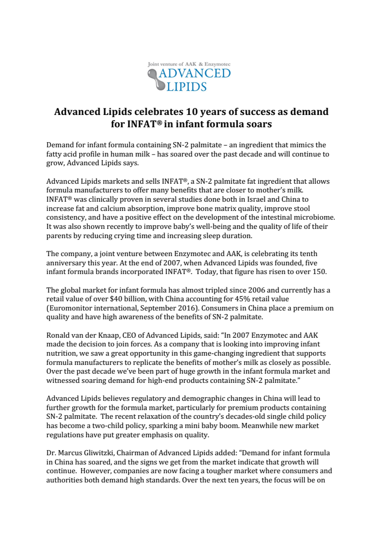 PRESS RELEASE: Advanced Lipids celebrates 10 years of success as demand for INFAT® in infant formula soars