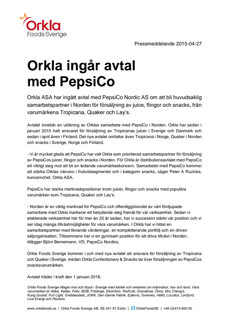 Orkla ingår avtal med PepsiCo