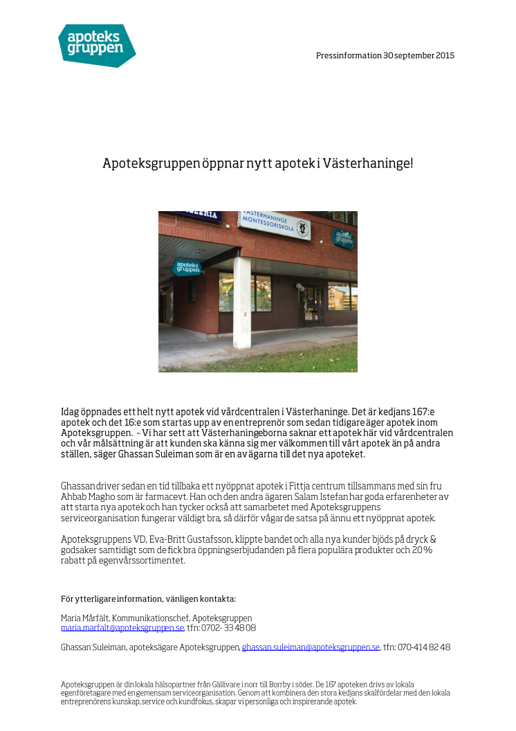 Apoteksgruppen öppnar nytt apotek i Västerhaninge!