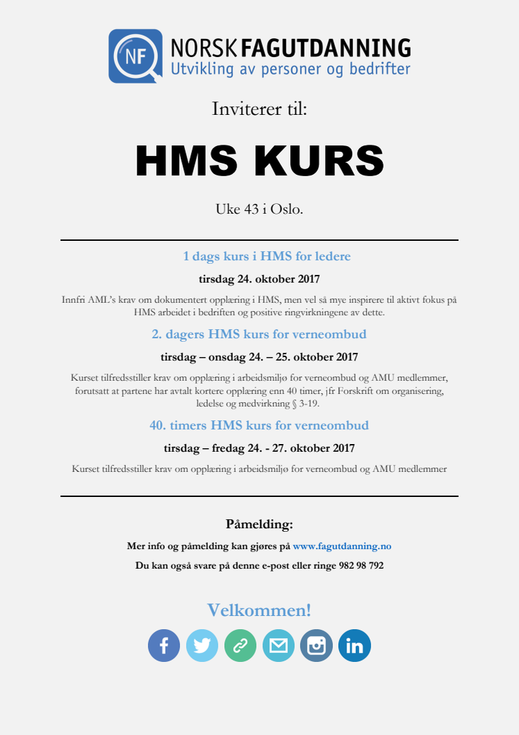 HMS kurs i Oslo med oppstart den 24 oktober 2017