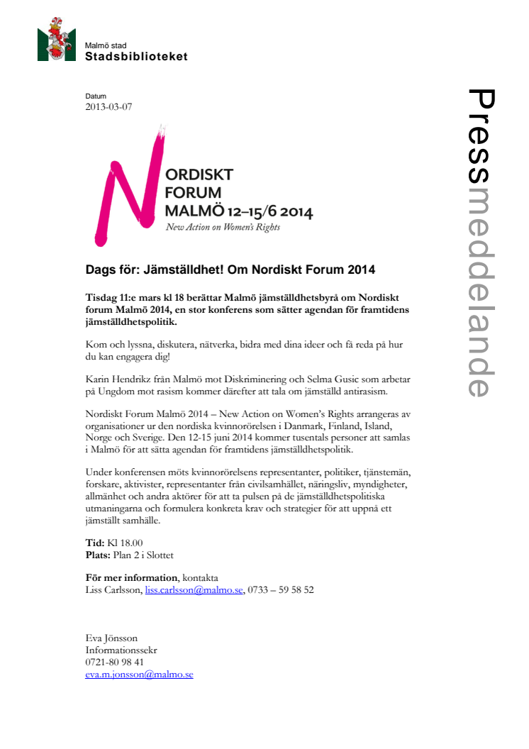 Stadsbiblioteket i Malmö: Dags för – Jämställdhet! Om Nordiskt Forum 2014 