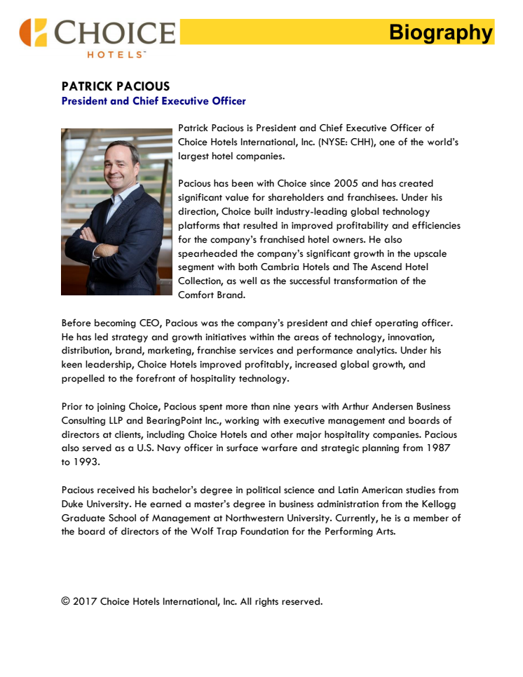 Biography, Patrick Pacious, President and Chief Operating Officer
