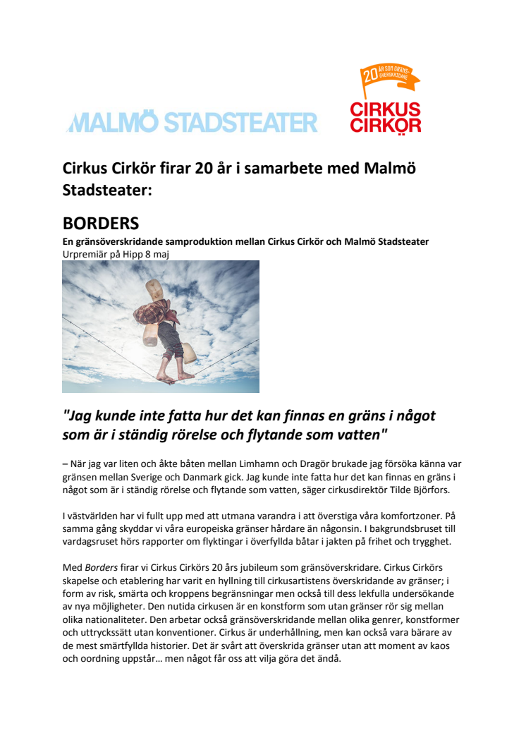 Cirkus Cirkör och Malmö Stadsteater presenterar Borders med premiär 8 maj