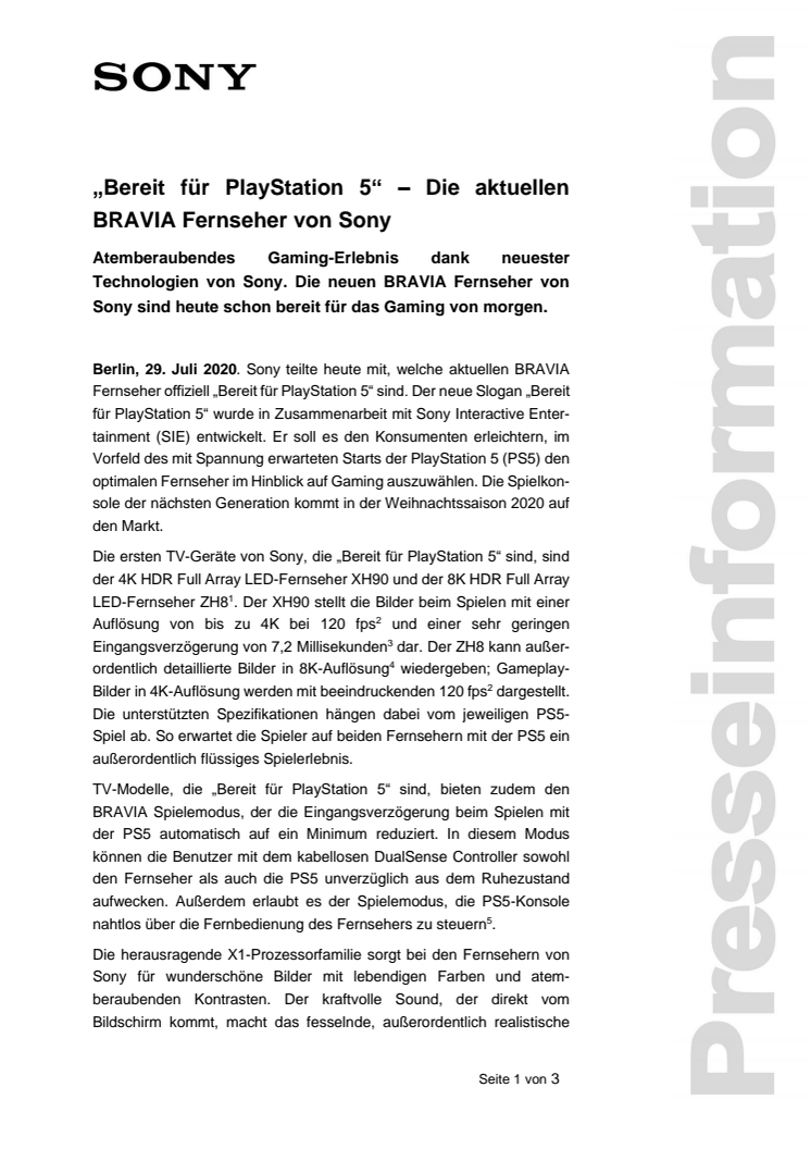 „Bereit für PlayStation 5“ – Die aktuellen BRAVIA Fernseher von Sony