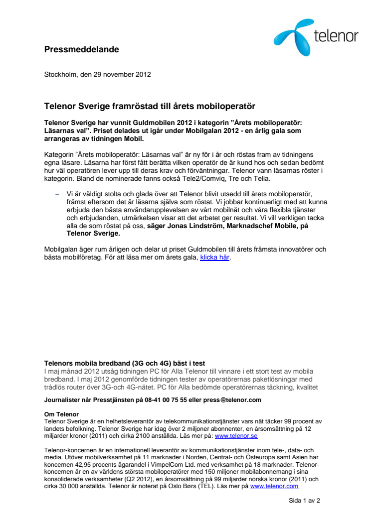 Telenor Sverige framröstad till årets mobiloperatör 