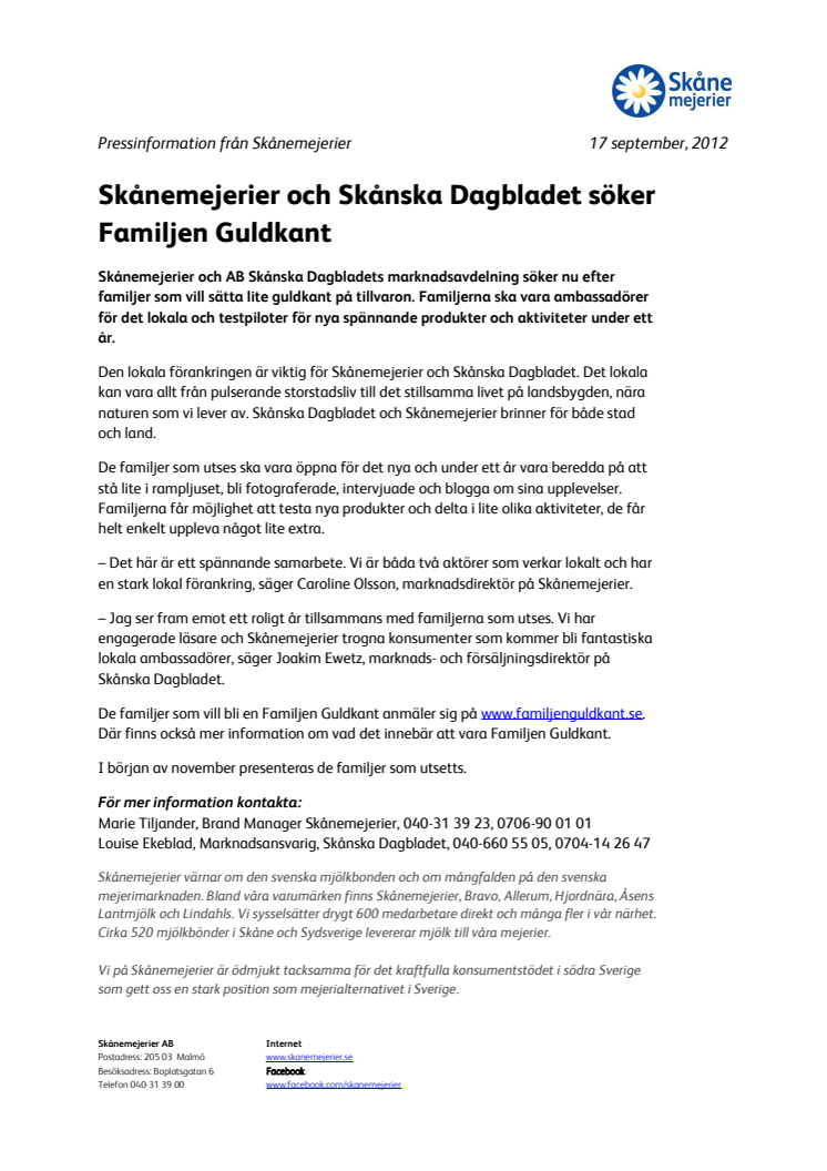 Skånemejerier och Skånska Dagbladet söker Familjen Guldkant