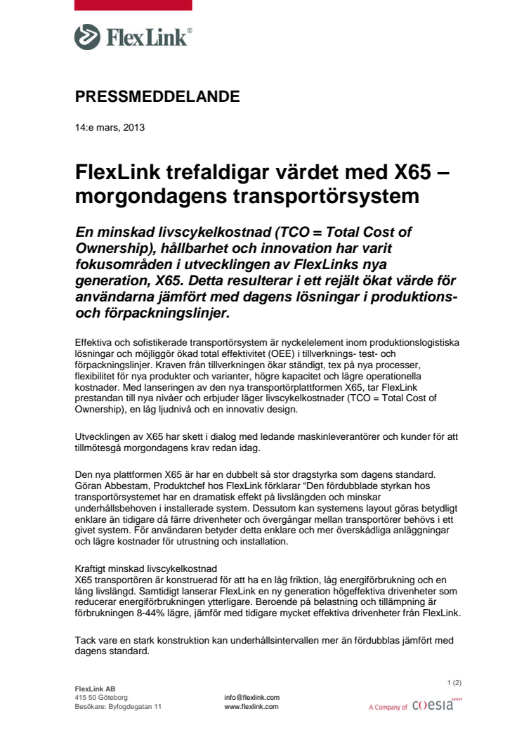 FlexLink trefaldigar värdet med X65 – morgondagens transportörsystem