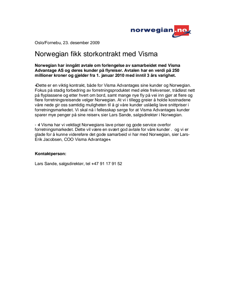 Norwegian fikk storkontrakt med Visma