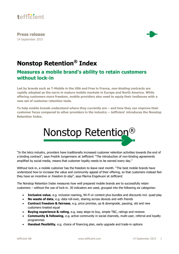 Press Release: Nonstop Retention® Index: Measures a mobile brand’s ability to retain customers without lock-in