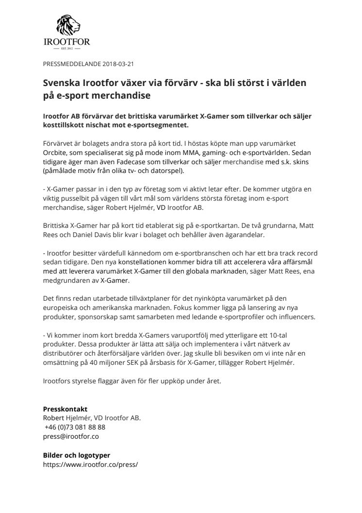 ​Svenska Irootfor växer via förvärv - ska bli störst i världen på e-sport merchandise