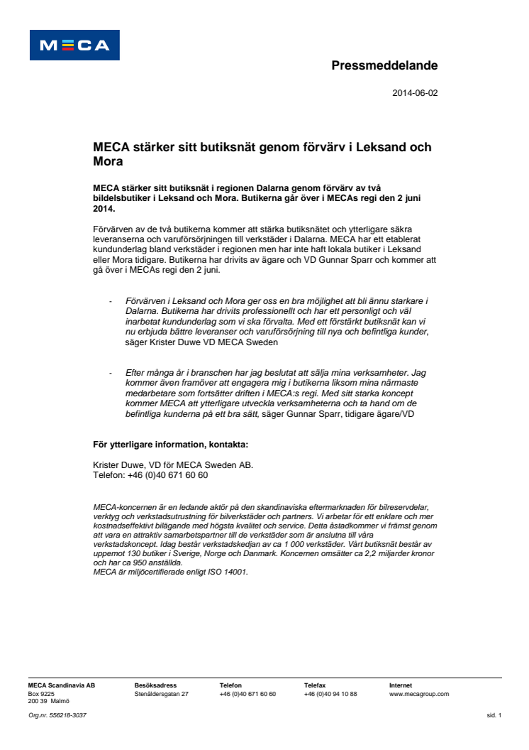 MECA stärker sitt butiksnät genom förvärv i Leksand och Mora