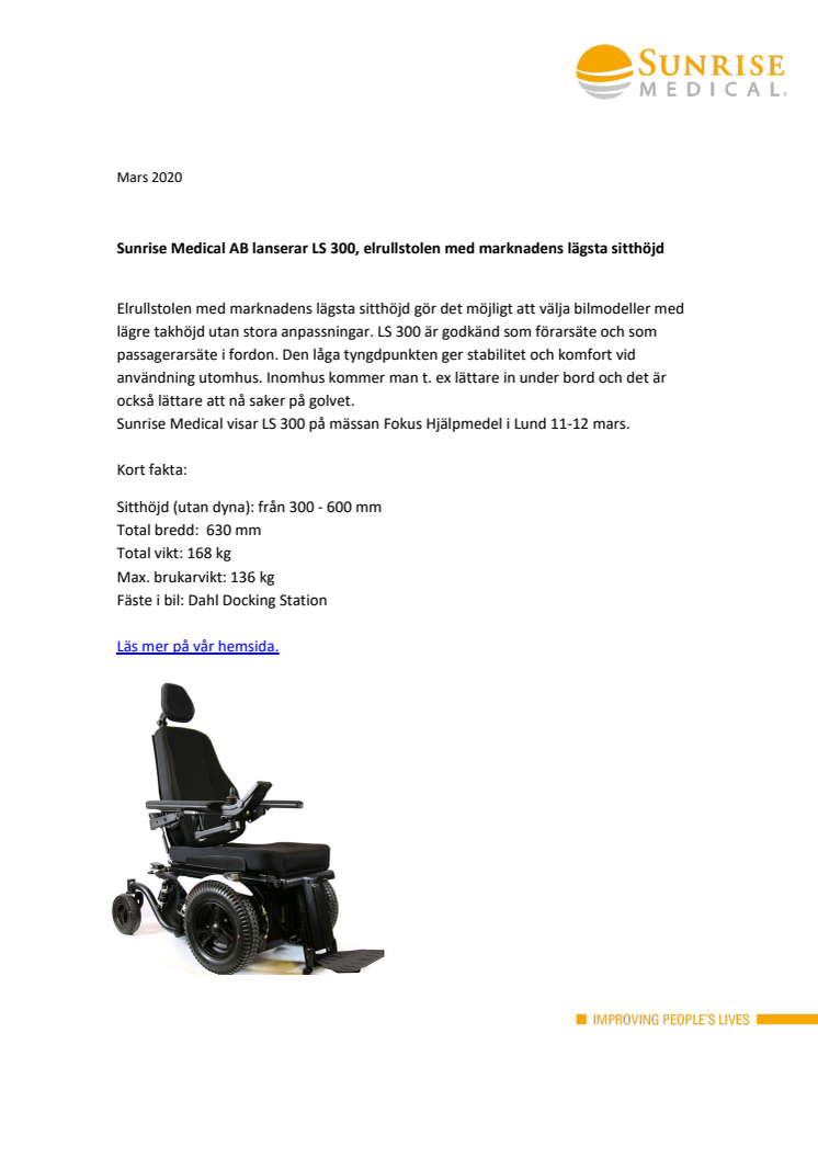 Sunrise Medical AB lanserar LS 300, elrullstolen med marknadens lägsta sitthöjd