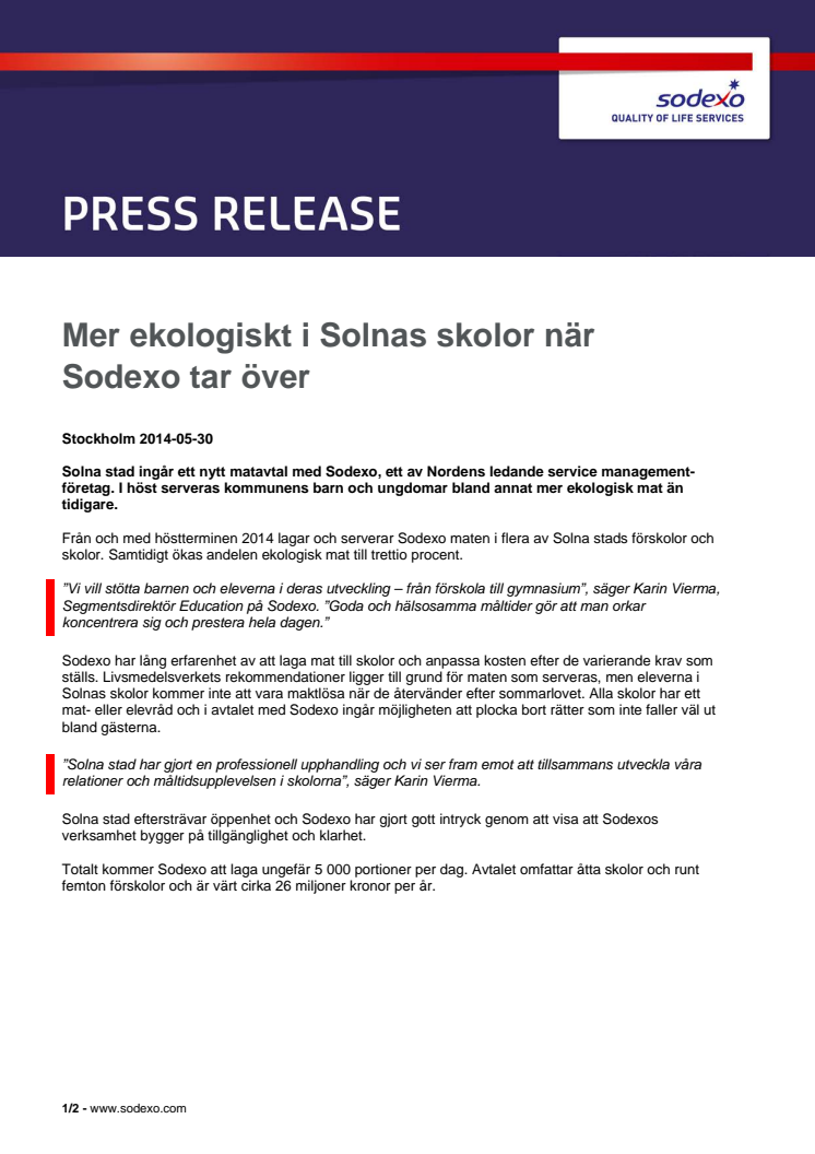 Mer ekologiskt i Solnas skolor när Sodexo tar över