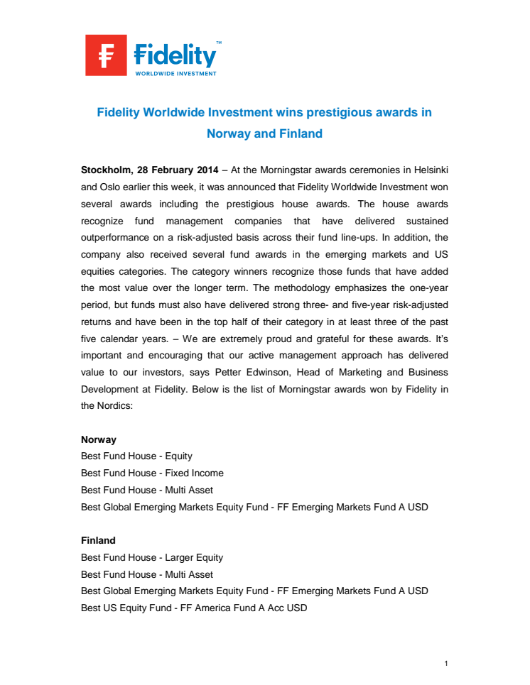 Fidelity Worldwide Investment wins prestigious awards in Norway and Finland