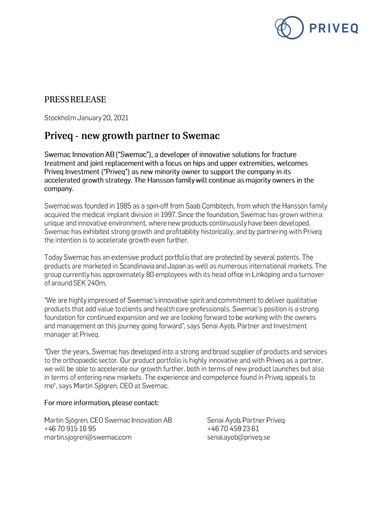 Priveq - new growth partner to Swemac