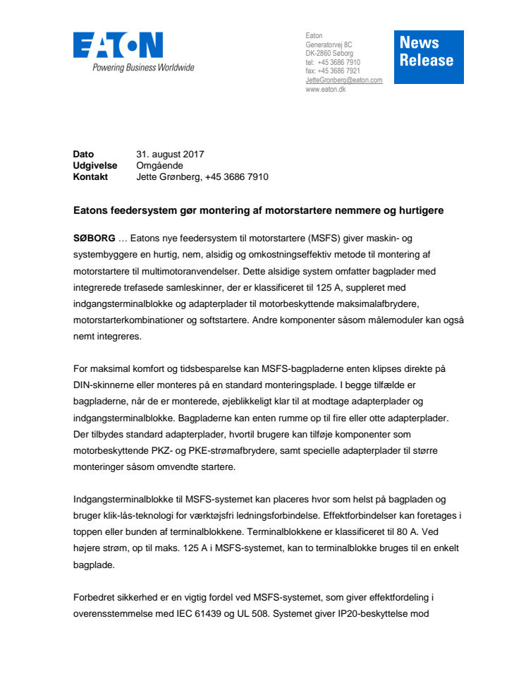 Eatons feedersystem gør montering af motorstartere nemmere og hurtigere