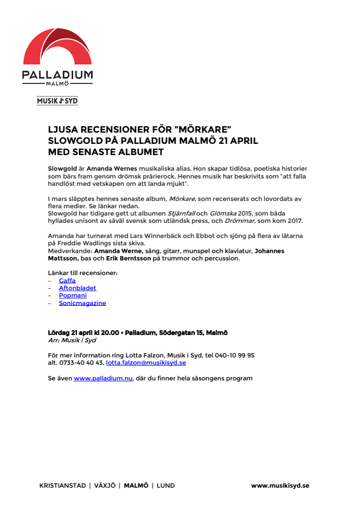 Ljusa recensioner för "Mörkare"– Slowgold på Palladium Malmö 21 april med senaste albumet