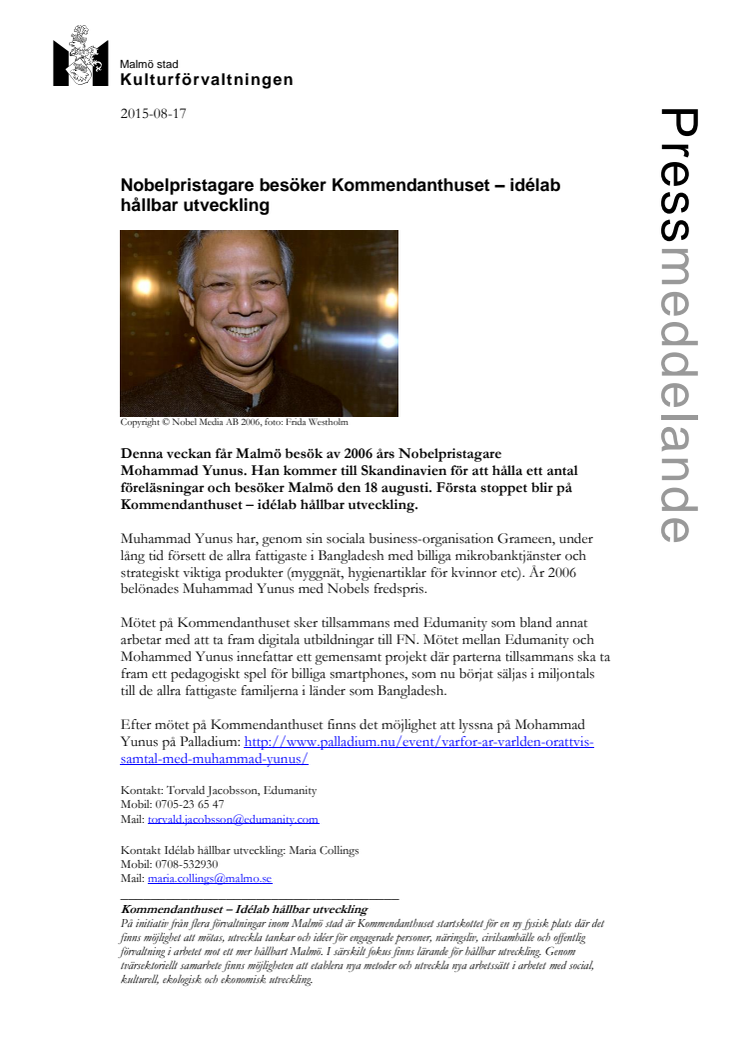Nobelpristagare besöker Kommendanthuset – idélab hållbar utveckling