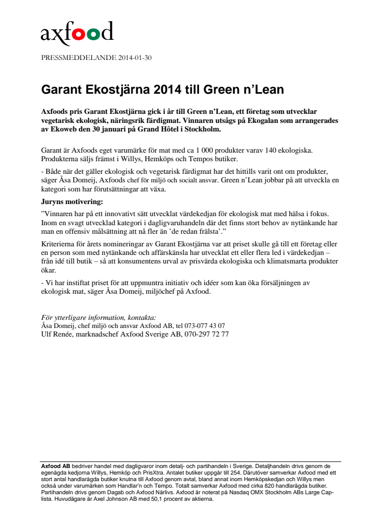 Garant Ekostjärna 2014 till Green n’Lean