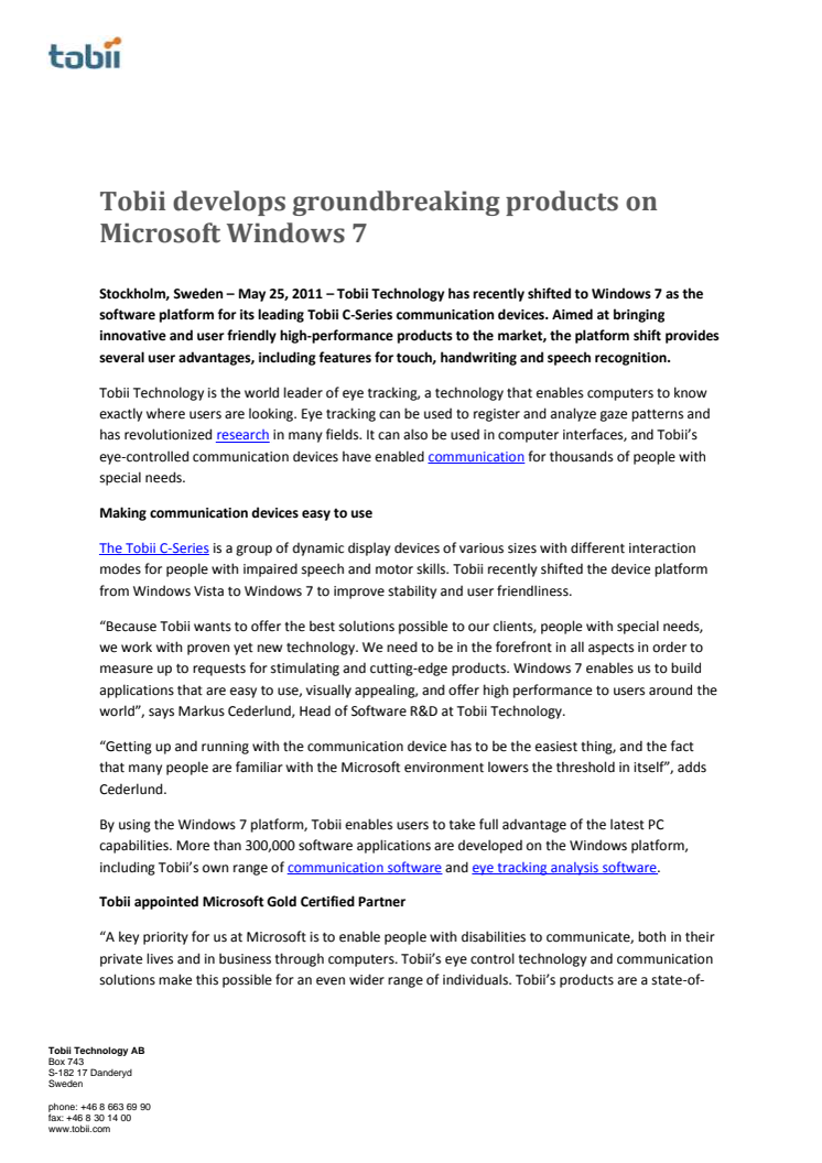 Tobii develops groundbreaking products on Microsoft Windows 7